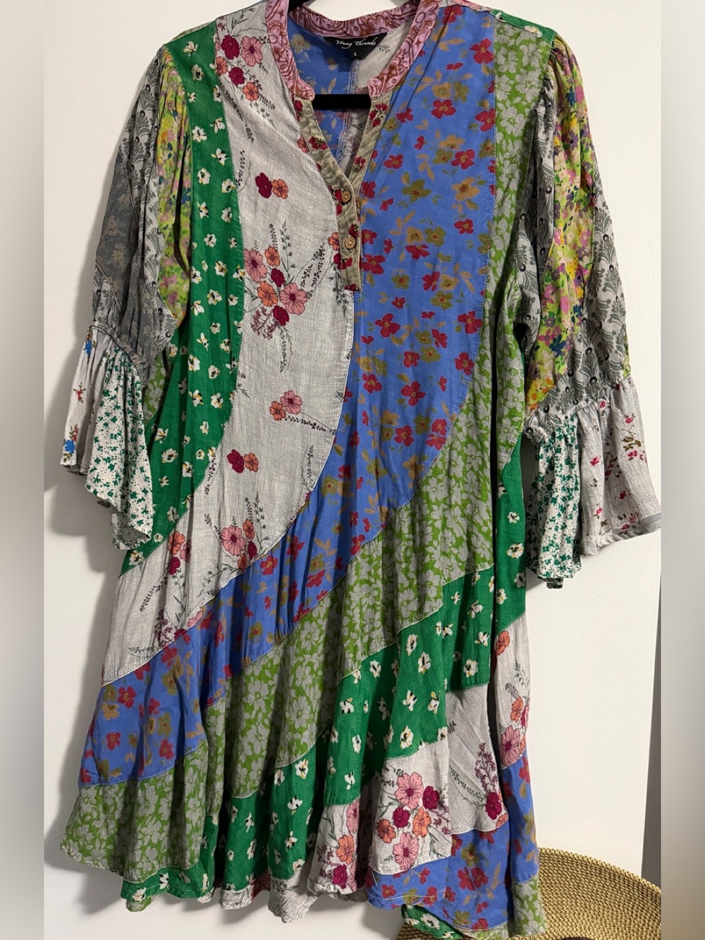 YoungThreads Boho PATCHWORK Hippie 3/4Slv Midi Knee Length EUC